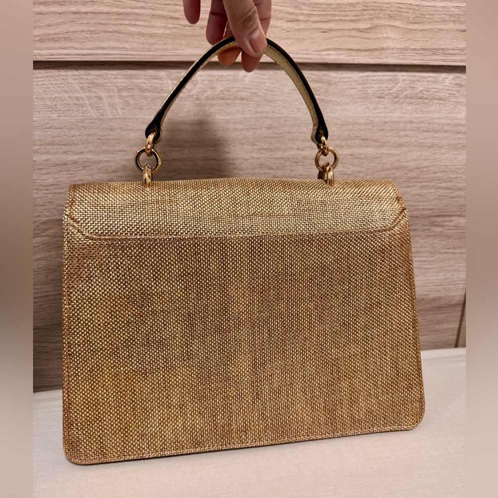 Jimmy Choo Crystal Madeline Gold Woven Raffia Top Handle Bag - Picture 4 of 13